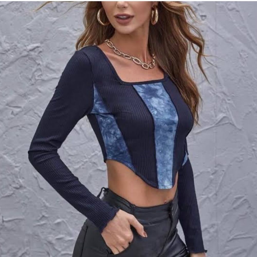 SHEIN Blue Tie Dye Long Sleeve Rib Knit Crop Top Size Small